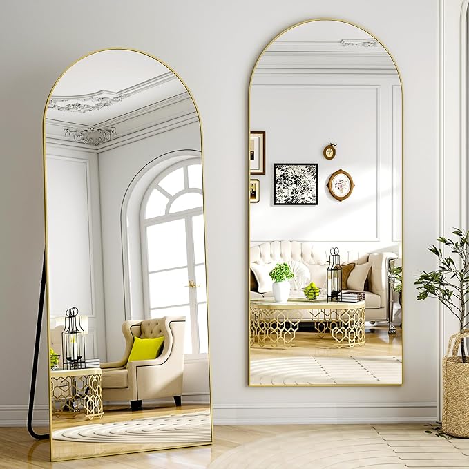 Arched Full Length Mirror 65"x24" - Floor Standing Body Mirror with Aluminum Frame,Leaning Hanging for Bedroom Cloakroom Living Room Gold