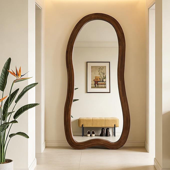 Large Irregular Floor Mirror, 67"x31.5" Asymmetrical Full Length Mirror with Triple Layer Solid Wood Frame, Organic Shaped Mirrors for Living Room Entryway Hallway Bedroom, Leaning/Hanging