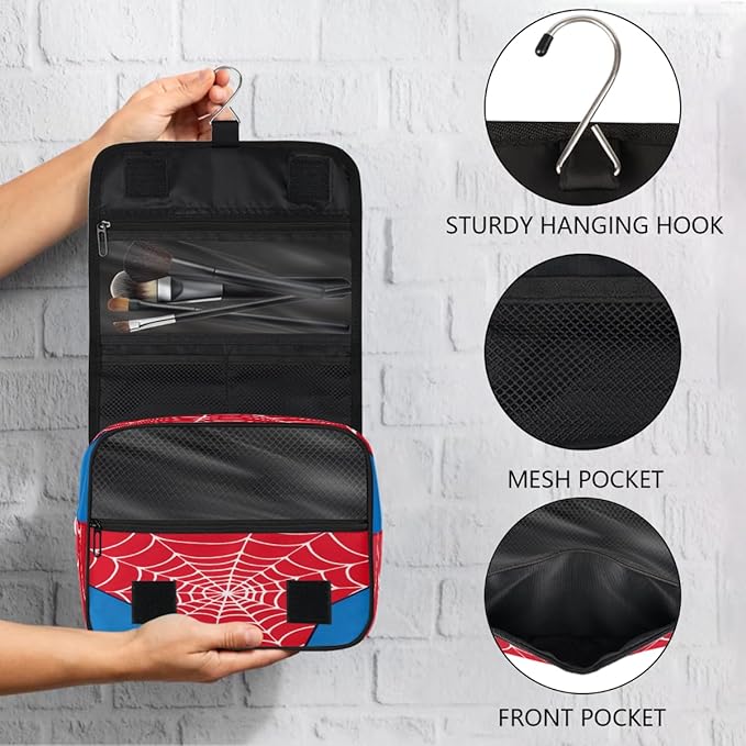 AUUXVA Kids Hanging Toiletry Bag for Boys - Waterproof Travel Cosmetic Organizer Makeup Pouch for Girls Shower Wash Bags with Hanging Hook Toiletries Storage Bag(Red Spider Web)