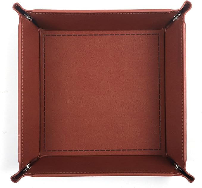 Valet Tray Desktop Storage Organizer – Vegan Leather Catchall Tray Bedside Vanity Tray Nightstand Caddy Holder for Remote Controller, Watch, Keys, Phone, Wallet, Coin, Jewelry, Brown