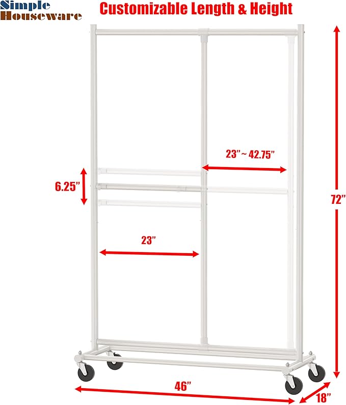 Simple Houseware Dual Bar Adjustable Clothing Garment Rack, 72 Inches Height, White