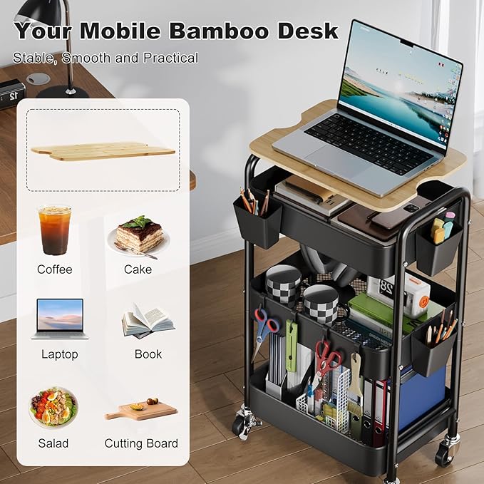 3 Tier Rolling Cart with Wood Table Top, Rolling Cart Table on Lockable Wheels,Rolling Side Table with Storage, Black Utility Carts for Arts and Crafts, Dorm, Medica, Laundry Room, Roller Book Shelf