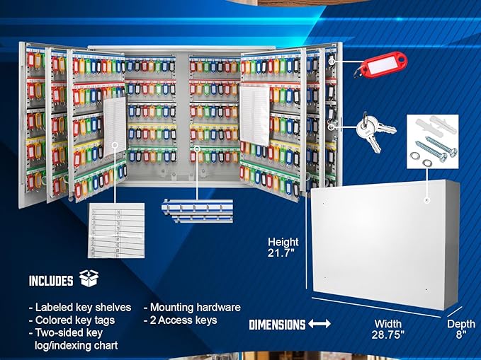 Barska 600 Position Key Cabinet – Wall Mount Key Safe with Numbered Hooks, Index Log Sheet, Colored Tags, Adjustable Dividers, Steel Construction for Office, Commercial Use- Key Box - key organizer