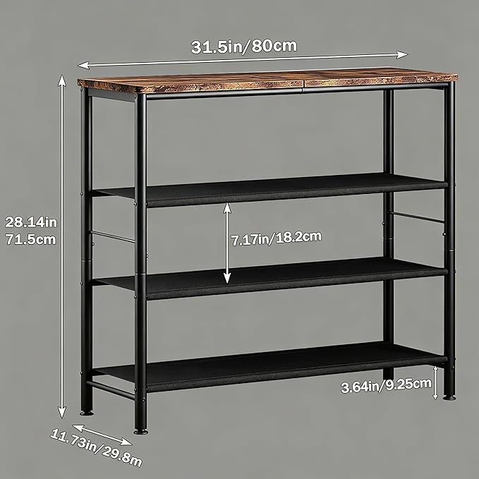 INGIORDAR Shoe Rack Organizer 4 Tier Metal Organizer Shelf with Industrial MDF Board and Layer Fabric for Entryway Closet Bedroom Living Room Garage,Black & Rustic Brown (Black+Rustic Brown, 4 Tier)