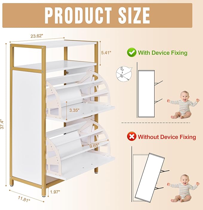 VECELO Shoe Storage Cabinet with 2 Flip Drawers for Entryway, Modern Slim Hidden Freestanding Organizer with Metal Legs for Hallway, Living Room, Large Capacity, Suit for Size to 11, White