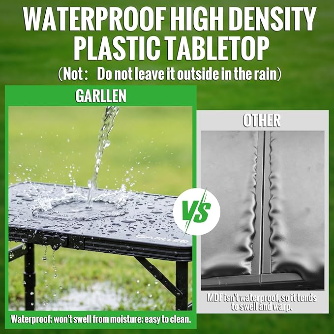GARLLEN Folding Camping Table with Waterproof Plastic Tabletop, Portable Folding Picnic Table with 3-Adjustable Height, Aluminum Frame Outdoor Table for BBQ, Camping, Indoor Use, 22.8" L x 15.7" W