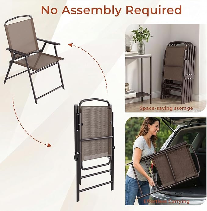 TLSUNNY Patio Folding Chairs Set of 4, Portable Dining Lawn Chairs, Outdoor Folded Furniture W/Breathable Textilene & Steel Frame, Armrests & Crossbar, All Weather for Pool, Camping (4, Brown)