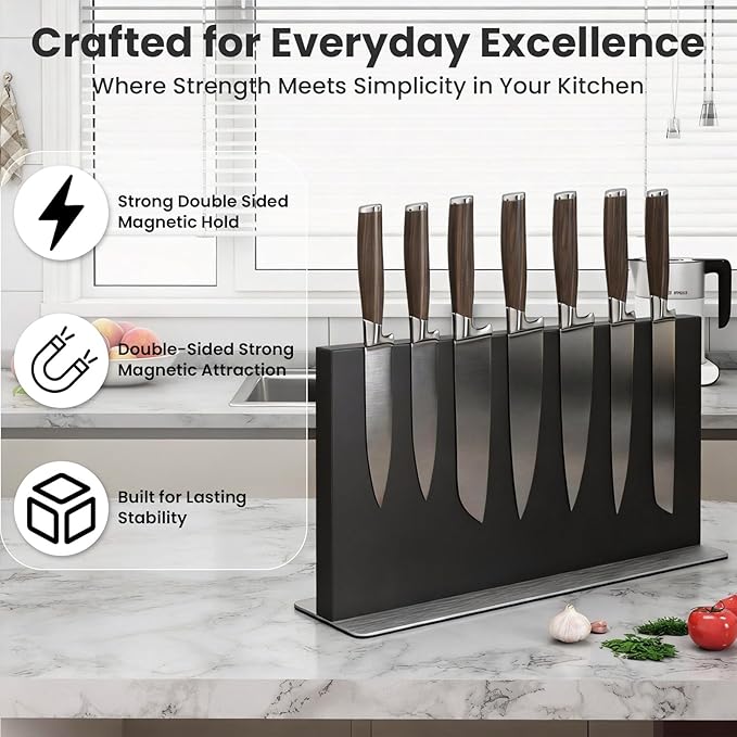 THMINS Large Black Magnetic Knife Block Stainless Steel Double-Sided Magnetic Knife Holder, Universal Multi-function Display Rack for Kitchen Counter