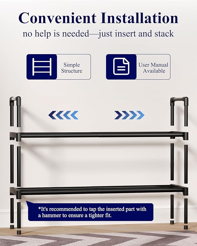 Kitsure Shoe Rack for Closet - Expandable Shoe Rack for Entrance, Rustproof Shoe Organizer for Entryway with Portable Handles, Black, 17.3″~30.2″L x 16.3″H