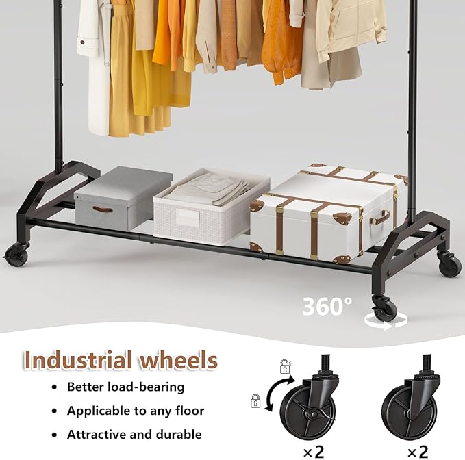 Wiracks Clothes Rack Clothing Rack with Wheels Rolling Clothing Rack for Hanging Clothes Garment Rack Loads 300 LBS for Bedroom, Laundry Room, Retail Store (Black)