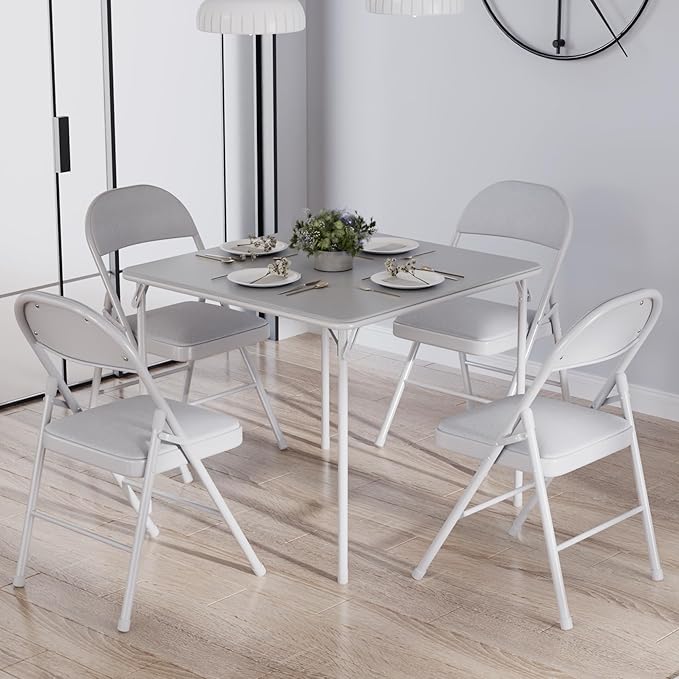 VECELO Portable Folding Card Table Square and Chair Set (5pc) with Collapsible Legs & Vinyl Upholstery, Metal, Grey