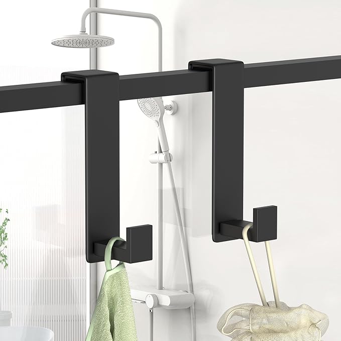 HUFEEOH Over The Door Hooks 2-Pack, Heavy Stainless Steel Coat & Towel Rack, No Drilling Scratch-Free Over Door Hanger Dorm Essentials Bathroom Accessories, Fits 1-3/4" Doors (Black) (L Shape)