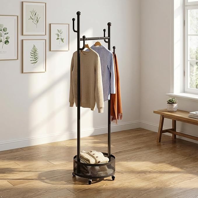 Rolling Coat Rack with Wheels, Freestanding Garment Rack with 6 Hooks & Mesh Storage Basket, Portable Clothing Rack Stand for Entryway, Bedroom, Closet(Black)