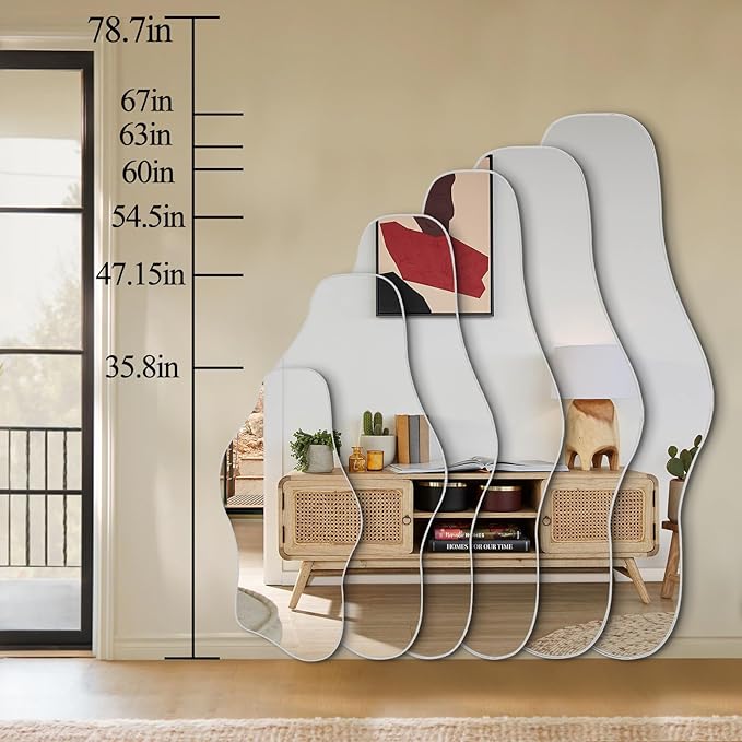 Irregular Wall Mirror, 60"x24" Large Asymmetrical Tempered Glass Mirror, Modern Silver Organic Frameless Mirrors for Living Room Bedroom Hallway Entryway, Horizontal or Vertical Hanging