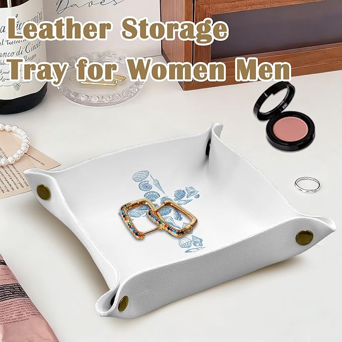 Christian Gifts Jewelry Valet Tray for Women Mom, Coastal Beach Seashell Cross Bible Verse PU Leather Catchall Beside Caddy Nightstand Tray for Jewelry Rings Watches Keys