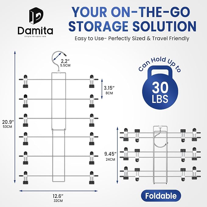DAMITA Skirt Pants Hangers with Clips Space Saving Hanging Closet Organizer 6 Tiers Hanger with 360° Swivel Hook, Finger-Safe Design- College Dorm Room Apartment Essentials 1-Pack