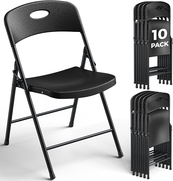 10 Pack Black Folding Chair, Plastic Portable Stackable Commercial Seats with Steel Frame 350lb, Heavy Duty Foldable Chair for Indoor and Outdoor, Patio, Office, Picnic, Kitchen, Events