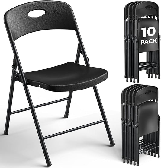 10 Pack Black Folding Chair, Plastic Portable Stackable Commercial Seats with Steel Frame 350lb, Heavy Duty Foldable Chair for Indoor and Outdoor, Patio, Office, Picnic, Kitchen, Events