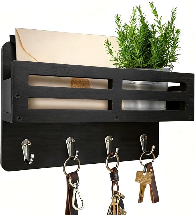 Key Holder Wall Mount, 10 inch Decorative Key and Mail Holder for Wall, with Mail Organizer & 4 Key Hooks, Rustic Wooden Key Rack for Hanging Dog Leash Sunglasses, Entryway Key Hanger, Black