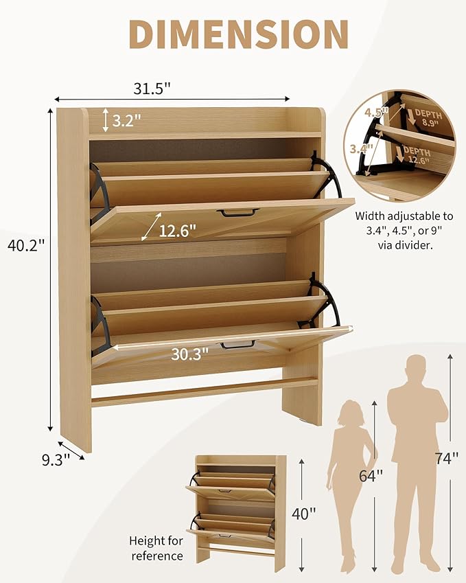 Shoe Cabinet Organizer with 2 Flip Drawers, Freestanding Narrow Shoe Rack for Entryway, Freestanding Hidden Shoe Storage Cabinet for Entryway, Hallway, Living Room, Bedroom, Natural