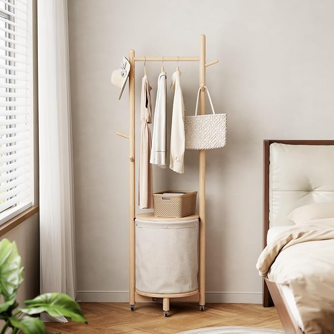 CycleCrew Solid Wood Coat Rack with Fabric Basket - Freestanding Coat Rack Rolling Coat Tree with 9 Hooks Wheels, Small Clothes Rack For Entryway Bedroom Hallway Living Room