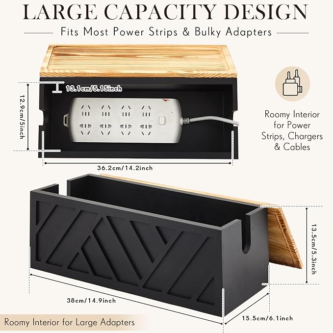 Chunful Large Cable Management Box, Wooden Cord Organizer Box for Desk, Floor, Office to Hide Extension Cords Power Stripes Surge Protectors Chargers Wires, Black, 15" L x 6.1" W x 5.3" H