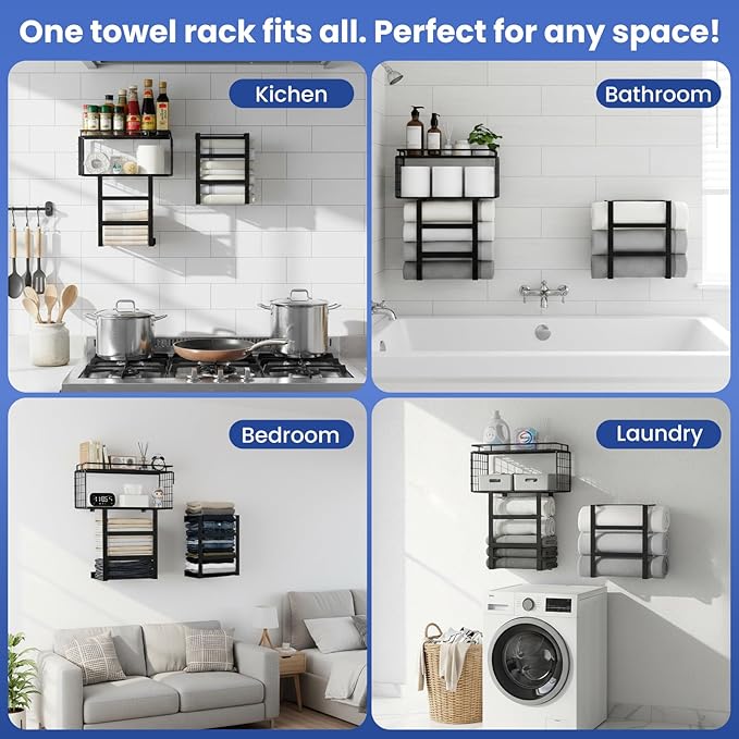 Vatex Towel Racks for Bathroom Wall Mounted, 4-Tier Bathroom Towel Rack with Shelf and Basket, Hold 6 Large Rolled Towels, 32-Inch Heavy Duty Towel Storage for Bathroom, RV, Black