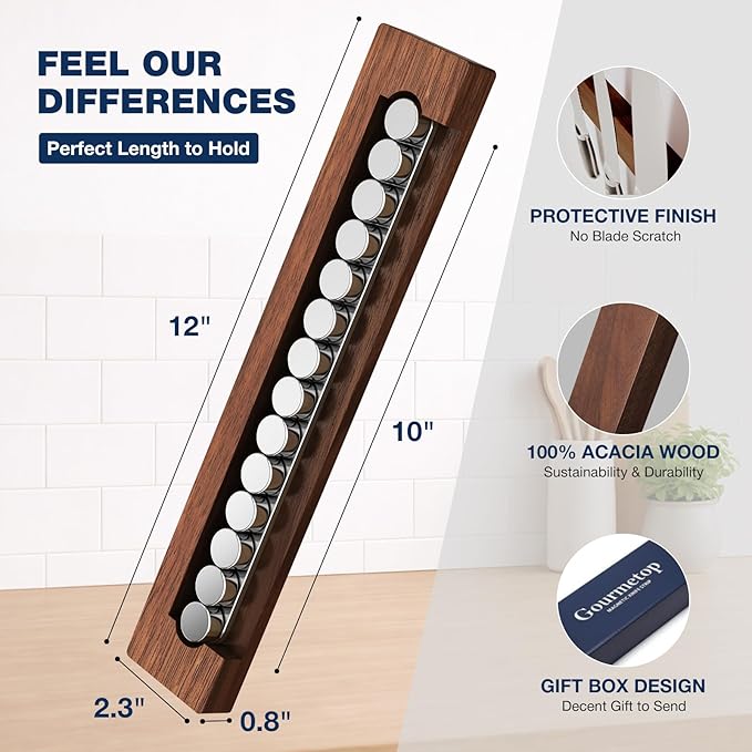 2026Updated Knife Magnetic Strip, 12” Magnetic Knife Holder for Wall, Knife Magnet, Magnetic Knife Strip, Magnetic Knife Holder for Fridge, Kitchen Essentials & Kitchen Organizer, Dark Acacia Wood
