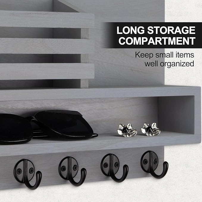 Key and Mail Holder Wall Mount, Key Hanger with Long Storage Box and Key Hooks for Coat, Dog Leash, Home Decor Rack, House Accessories, Entry Way Organizer
