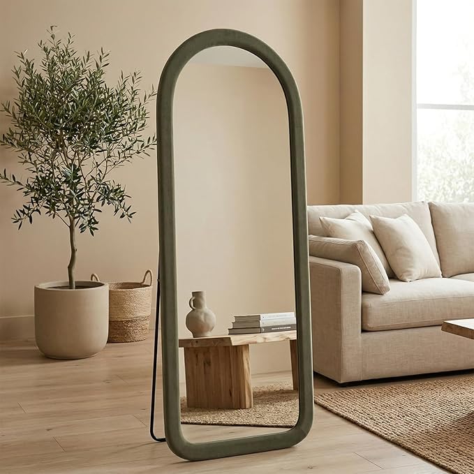 Full Length Mirror 56"x20" Arch Floor Mirror with Stand Arched Full Body Mirror Standing Hanging or Leaning Against Wall for Bedroom Flannel Wrapped Wooden Frame, Green