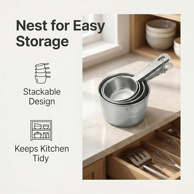 Stainless Steel Measuring Cups Set of 4, Metal, 1/4, 1/3, 1/2 & 1 Cup, Marked Handles, 1 Cup with Stamped Interior Marks, Nesting Cups for Baking & Cooking, Dry & Liquid Ingredients