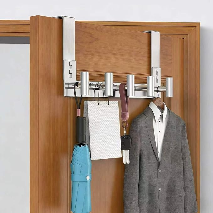 PMMASTO Over The Door Hooks, Door Hanger Hook for Hanging, Coat Rack Organizer for Bathroom, Towel Holder Bathroom Accessories (Silver 5 T-Hooks-Fits 1-3/4" Thick Door)