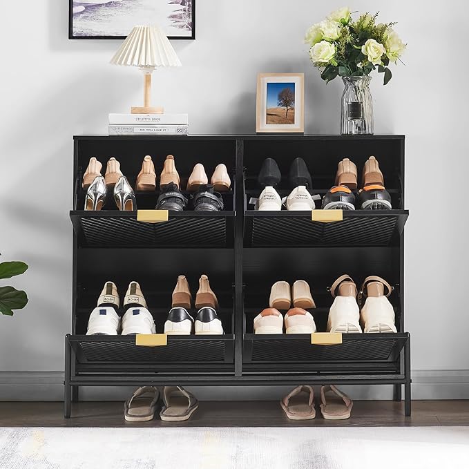 Shoe Cabinet Storage with 4 Flip Drawers, Narrow Hidden Shoes Organizer Cabinet for Entryway, Freestanding Slim Shoe Rack Front Door Entrance(Black)
