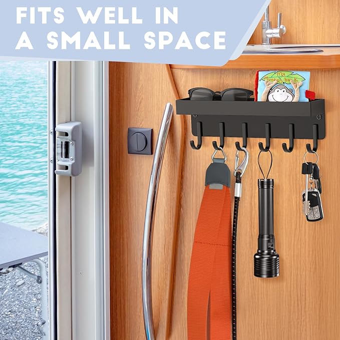 Magnetic Key Holder, Small Wall Mount Key Rack with Shelf for Fridge, 6 Metal Hooks, 9.65 Inch, 2 Installation Options, Black