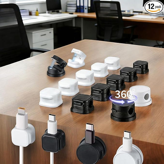 12 Pack Cable Clips (10 Pcs Square Cord Holder 2 Pcs Circular And Rotatable Cord Clips) Suitable For Office Desks Home Desks, Telephones, Vehicles, Walls, Tabletops And Bedside Tables，Black And White