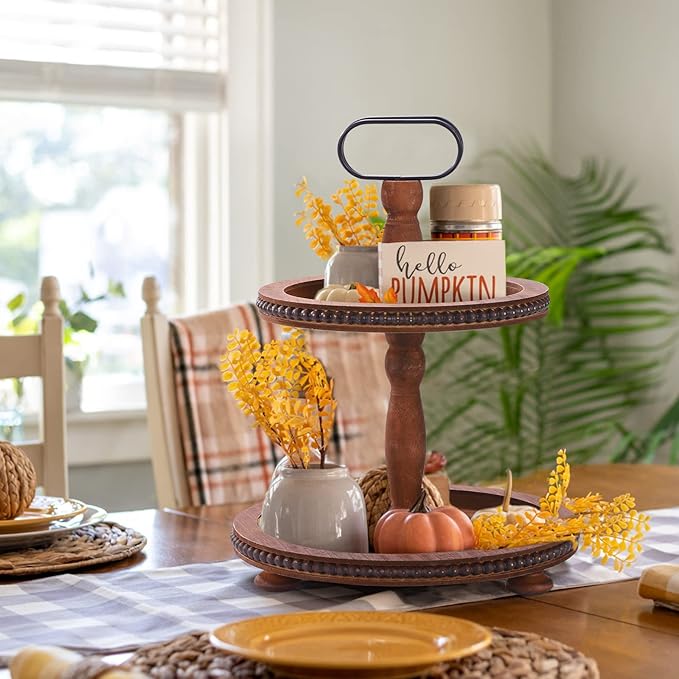 Urban Deco Wooden Decorative Tray Two Tiered Tray Decorations Round Serving Tray with Metal Handle, Wooden Cupcake Stand for Party Tiered Dessert Stand - Dark Brown Farmhouse Wood Tray
