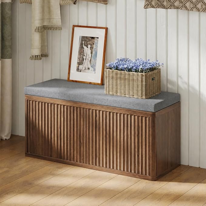 Double Layered Shoe Cabinet with Bench,Wooden Shoe Bench with Soft Cushion,Double Door without Handle Pressing Spring,Fluted Panel,Suitable for Entrance,Corridor and Living Room (Shoe Bench-Walnut)