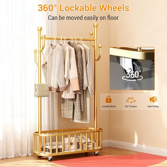 Takywep Rolling Clothing Rack with Wheels and Basket Storage – Metal Moveable Garment Rack, Heavy-Duty Coat Rack for Hanging Clothes, Bedroom, Boutique, Laundry Room
