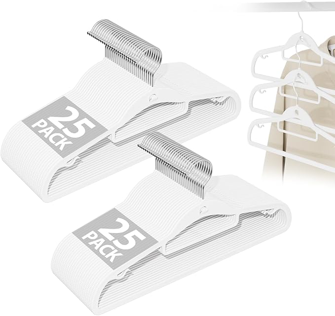 Plastic Hangers 50 Pack, Stackable Slim Space Saving Hangers with Non-Slip Pads, 360° Swivel Hook, Cascading Strip for Vertical Storage, Closet Organizer for Shirt, Suit, Skirt, Coat - White