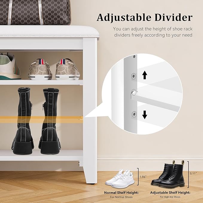 Shoe Rack Bench Entryway Storage with Leather Cushion, Shoe Organizer Bench for Entryway, Ideal for Front Doors Entrances Hallway Mudroom Featuring Rubberwood And 3 Height-Adjustable Removable Shelve