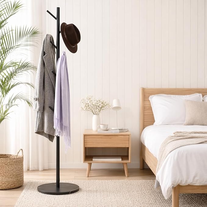 Heavy Duty Freestanding Coat Rack, Modern Hall Tree,7 Hooks, 3 Adjustable Height, Sturdy Metal Clothes hook stand with base for Entryway Bedroom Office for Coats Hats Handbags and Purses, Black