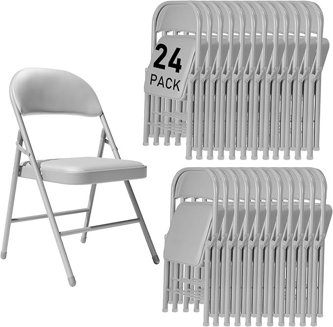 24 Pack Gray Folding Chairs with Padded Cushion and Back for Outside Portable Stackable Commercial Foldable Chairs with Steel Frame for Events Office Wedding Party, 350lbs Capacity