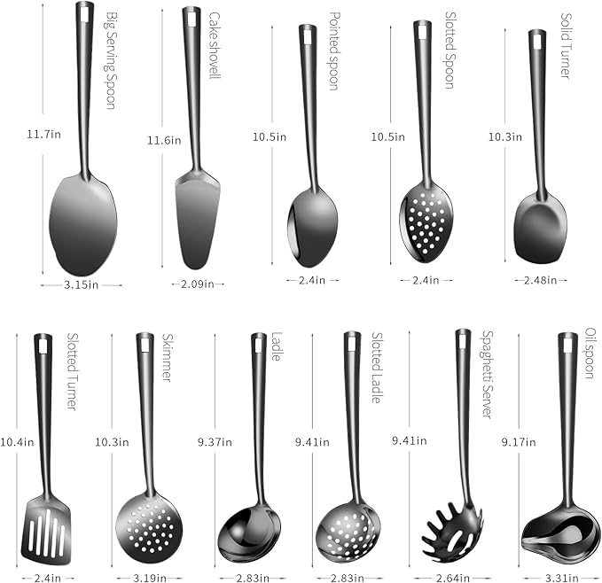 Lazycorner Cooking Utensil Set 11 Pcs Stainless Steel Kitchen Utensils Set Wok Utensils Kitchen Tool Set Spatula Set Heat Resistant Metal Kitchen Tools Ergonomic HandleEasy to Clean Dishwasher Safe
