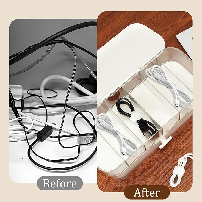 6-Compartment Cable Organizer Box with Lid & Drawer, Clear Plastic Storage Case for Power Cords, Chargers, Electronics, Makeup, and Jewelry – White Wire Management Container