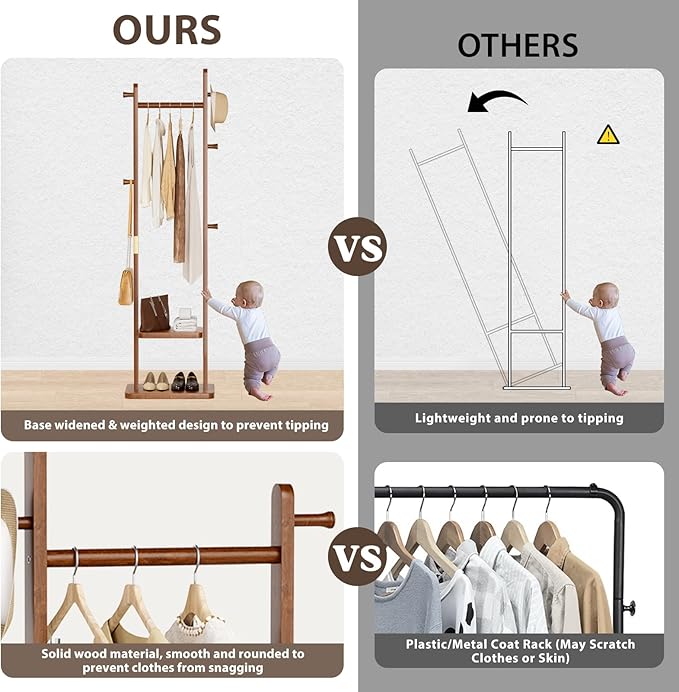 Taitiy Solid Wood Coat Rack, Freestanding Clothing Rack with 2 Shelves Storage & 5 Hooks, Heavy Duty Clothes Rack Stand for Hall, Bedroom, Living Room