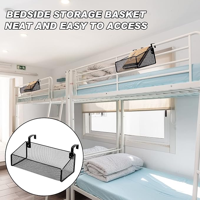 Zubebe 2 Pcs Bedside Caddy Shelf for Bunk Bed Hanging Storage Basket with 10 Pairs Hooks Black Metal Organizer for Office Cubical Walls College Dorm Hospital Bed,Book,Phones,Drinks,Plant