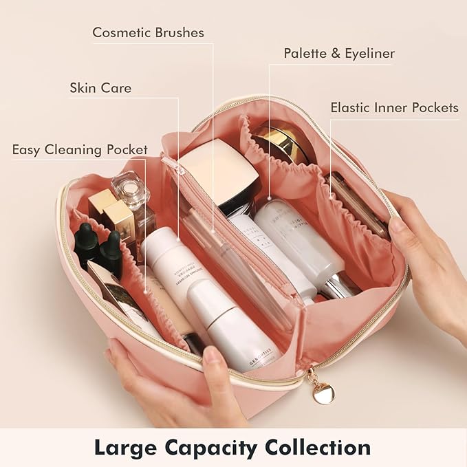 Prite Makeup Bag for Women Travel Waterproof Vegan Leather Cosmetic Bag Open Flat Toiletry Bag With Clear Divider and Handle (Pink, Large)