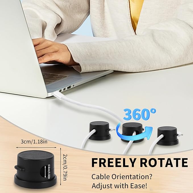 10-Pack 360° Rotatable Magnetic Cord Organizer Clips with Acrylic Adhesive - for Desk, Car, Home & Office | No Residue Springless Design | Strong Hold Cable Management for Chargers & Wires (White)