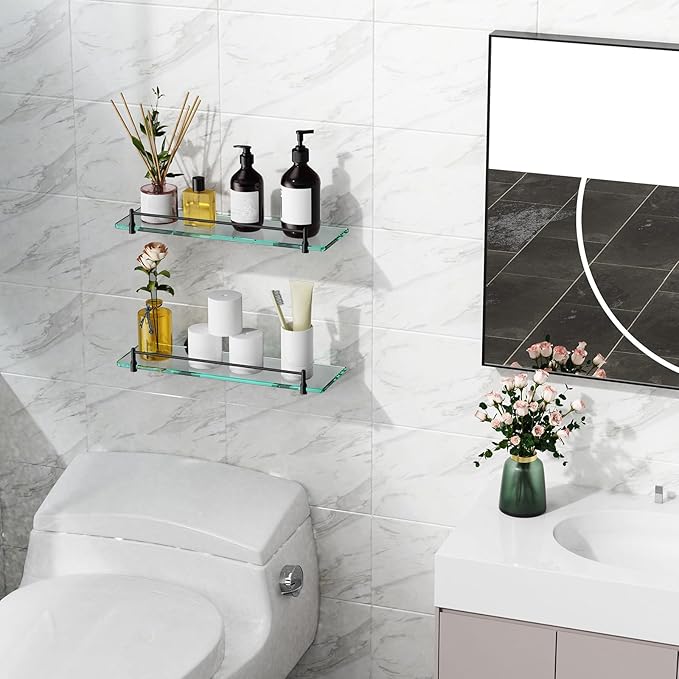 Glass Bathroom Shelves,Matte Black Floating Shelves for Wall Rectangular Modern Stainless Steel Glass Shelf for Bathroom Shelves wall Mounted 16 Inch