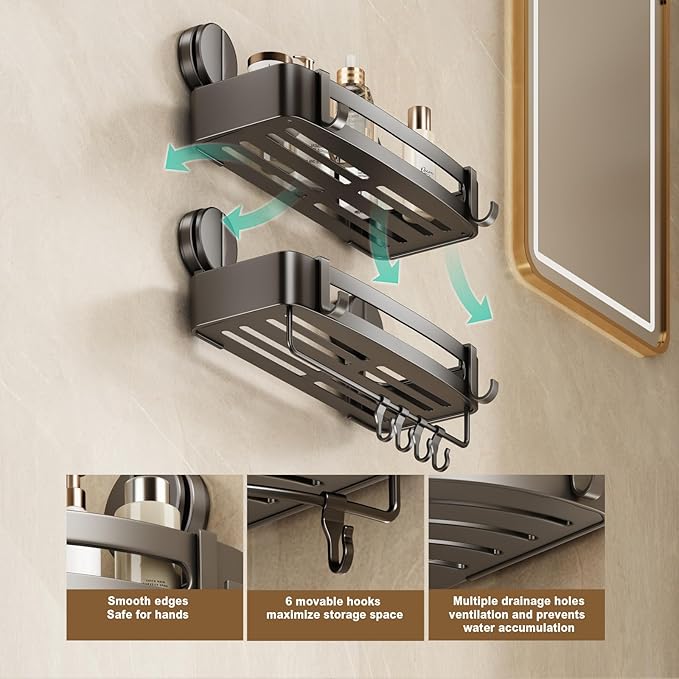 VOLPONE Shower Caddy Suction Cup, Corner Shower Shelves No Drilling, Showers Organizer Storage with Towel Bar & Removable Hooks, Bathroom Shower Shelf Rack for Inside Showers, Square